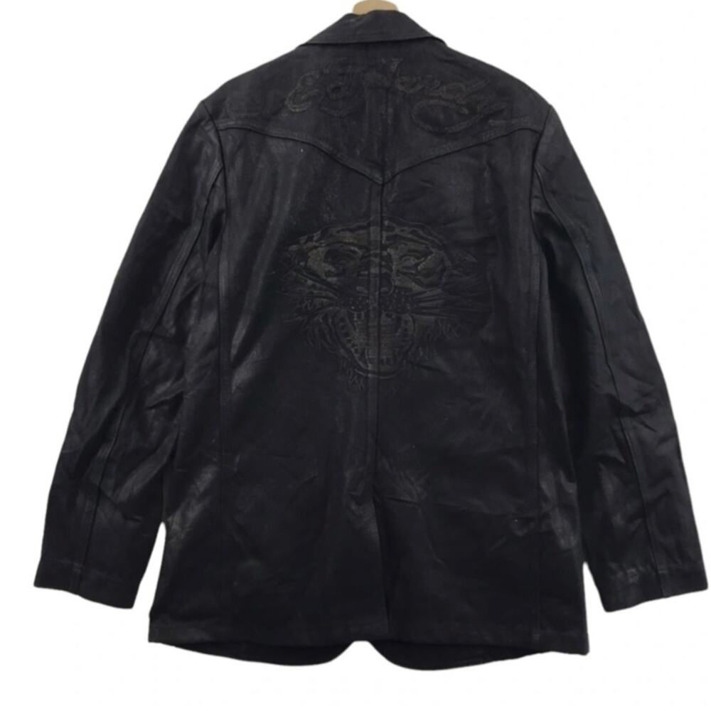 VINTAGE ED HARDY BY CHRISTIAN AUDIGIER TIGER EMBROIDERED BLACK DENIM JACKET SZ L